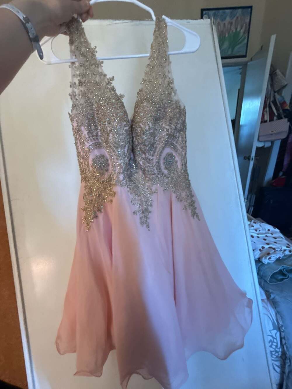 May Queen Couture Pink Chiffon Homecoming Dress with Gold Beaded Bodice Size 10
